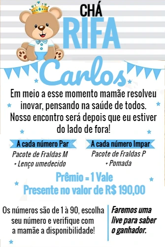 Convite Chá Rifa Ursinho Príncipe Editável para Enviar Online