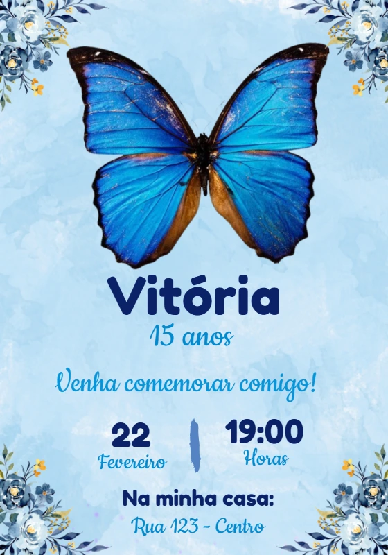 Convite de 15 Anos Borboleta Azul para Editar Online