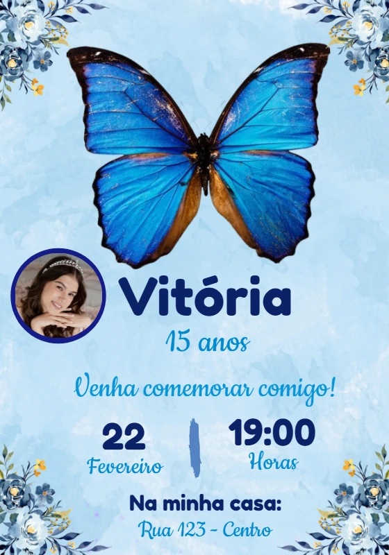 Convite 15 Anos Borboleta Azul com Foto para Editar Online
