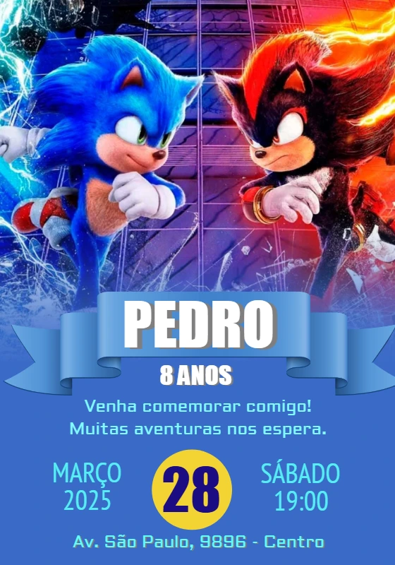 Convite de Aniversário Sonic e Shadow para Editar Online
