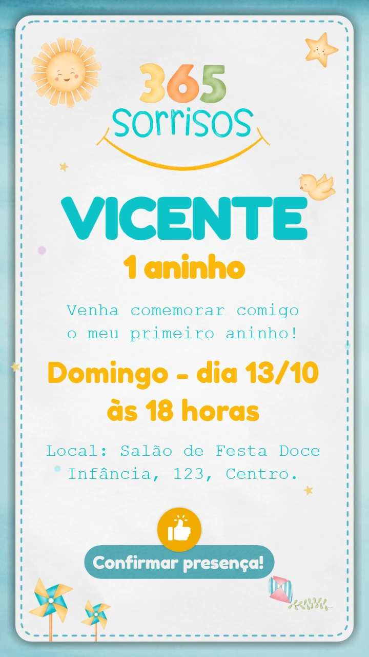 Convite de Aniversário Infantil 365 Sorrisos Editável Online