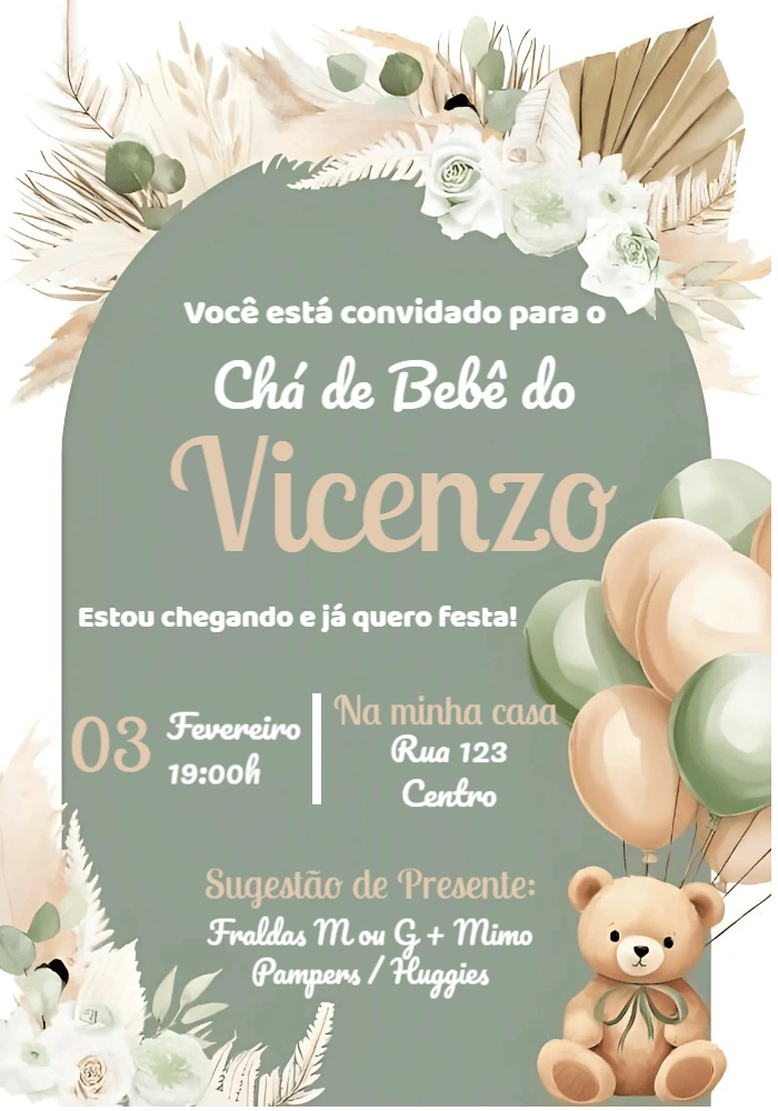 Convite Chá de Bebê Ursinho Boho para Editar Online