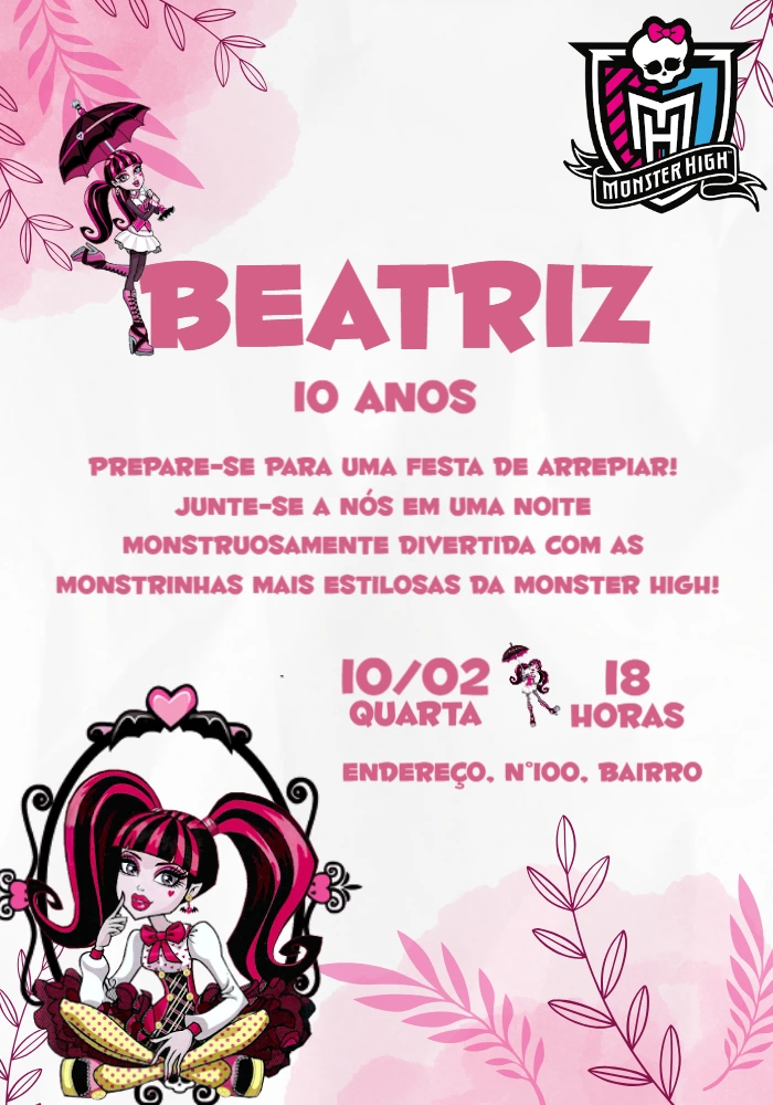 Convite Aniversário Monster High Draculaura Editável Online
