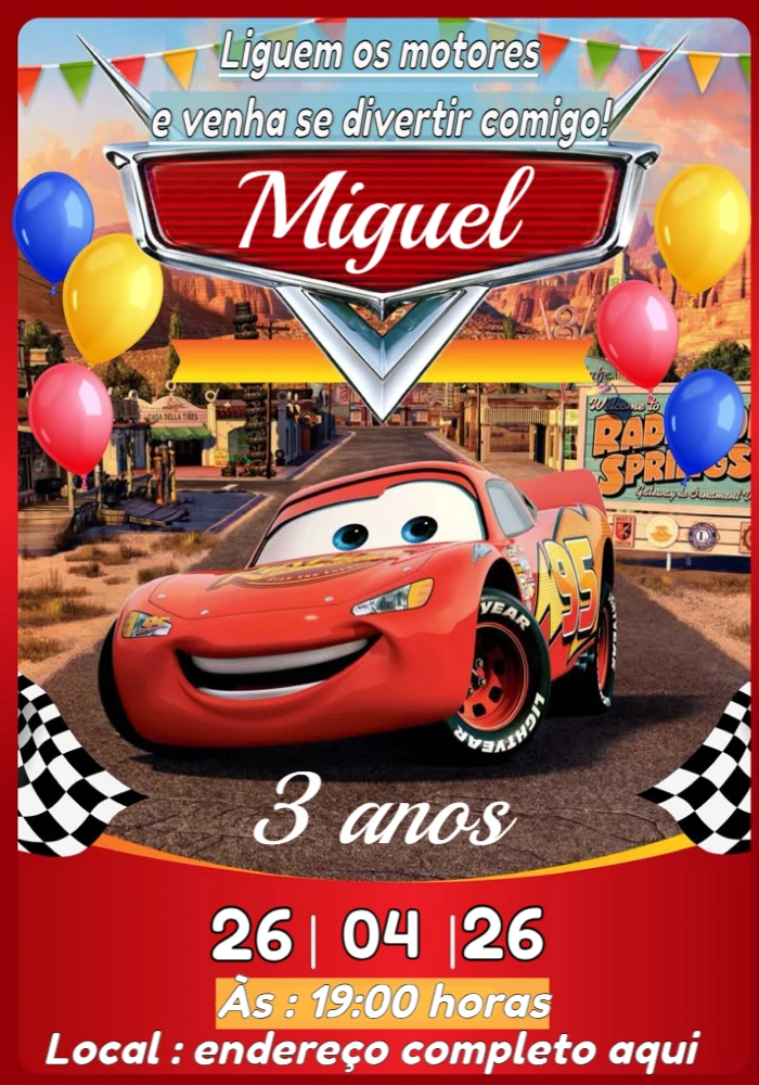 Convite de Aniversário Carros Relâmpago McQueen para Editar