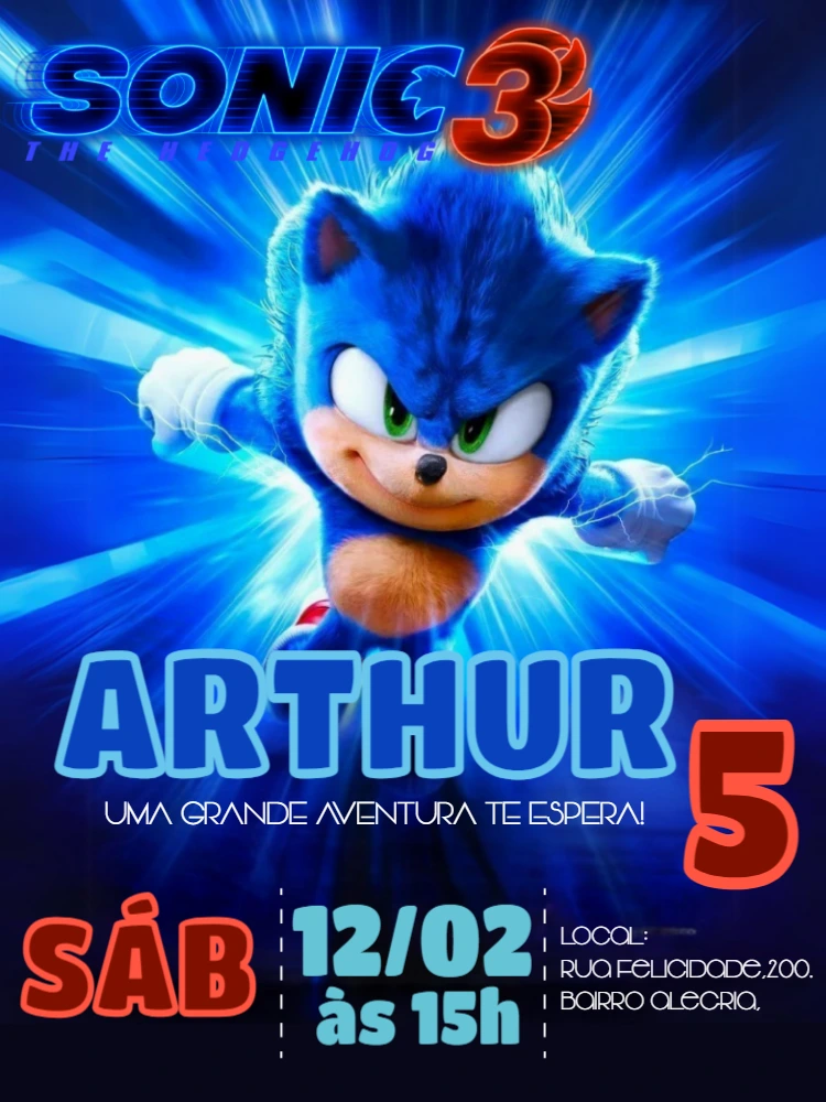 Convite de Aniversário Sonic 3 o Filme para Editar Online