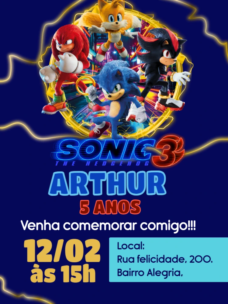 Convite de Aniversário Sonic 3 com Personagens para Editar