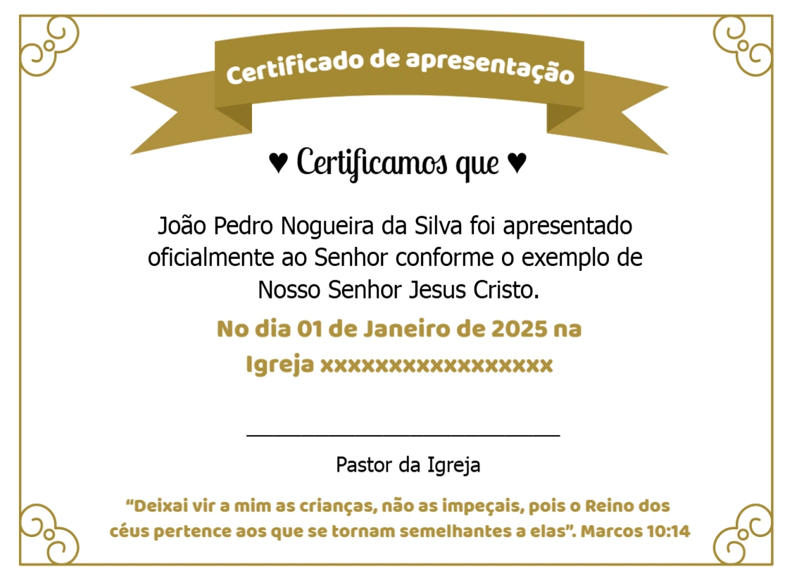 Certificado de Apresentação de Criança para Editar Online