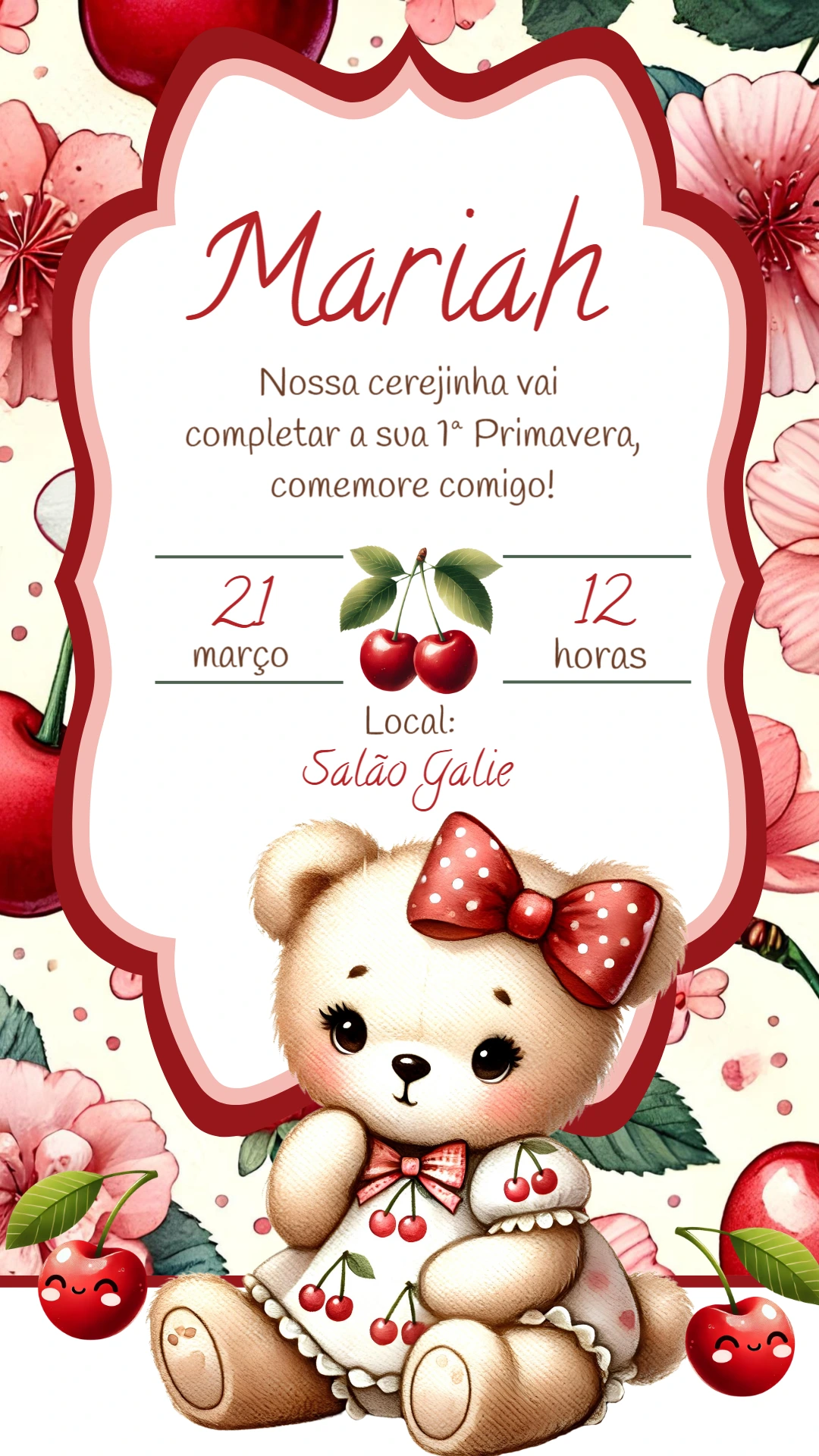Convite Aniversário Ursinha Cerejinha para Editar Online