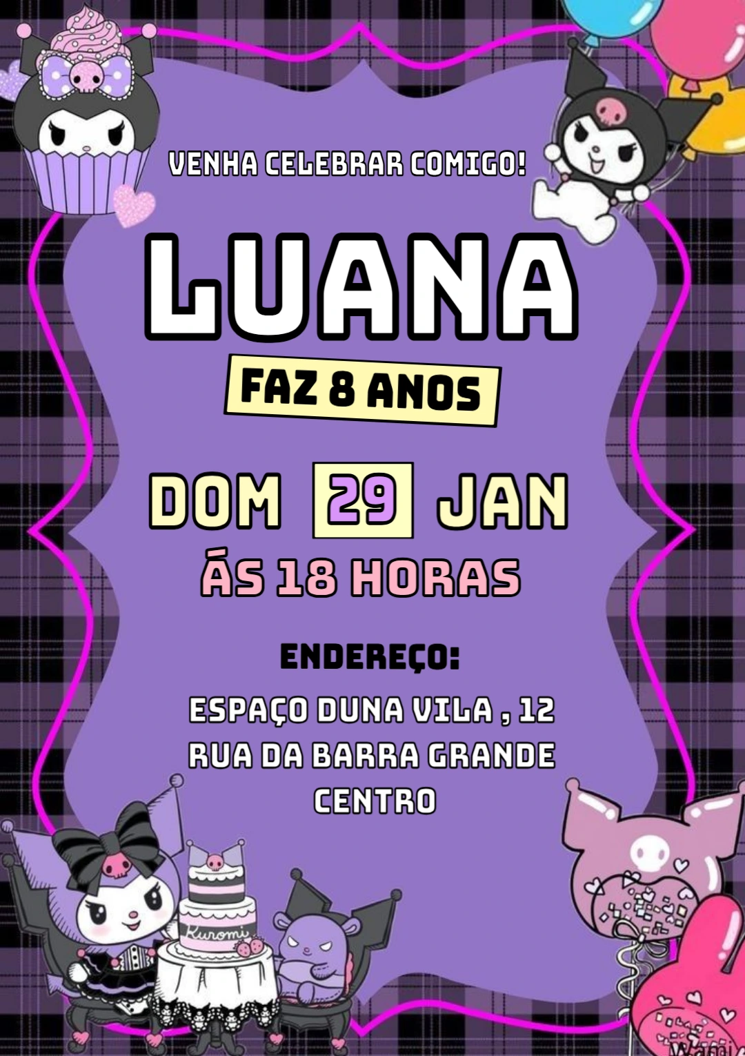 Convite de Aniversário Kuromi para Editar Online e Imprimir