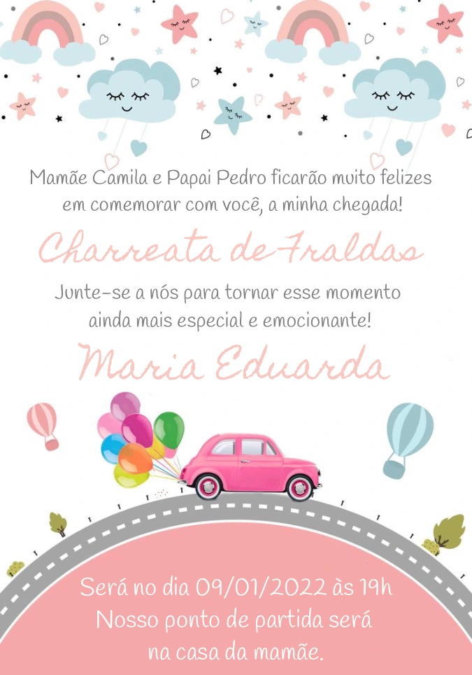 Convite Charreata de Fraldas com Carro Rosa para Editar Online