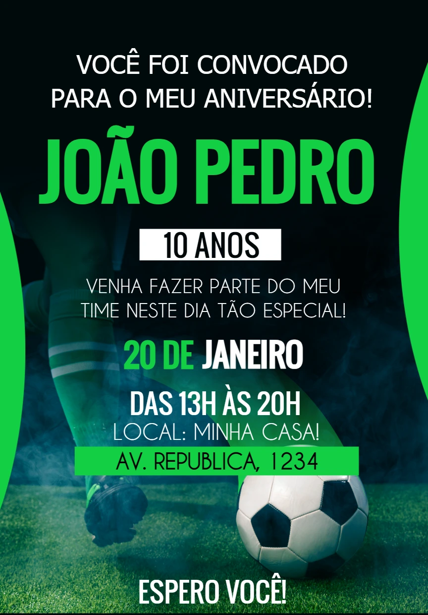 Convite de Aniversário Futebol para Editar e Enviar Online