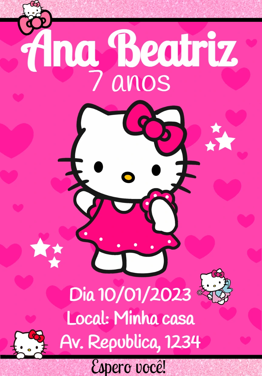 Convite Aniversário Hello Kitty para Editar Online