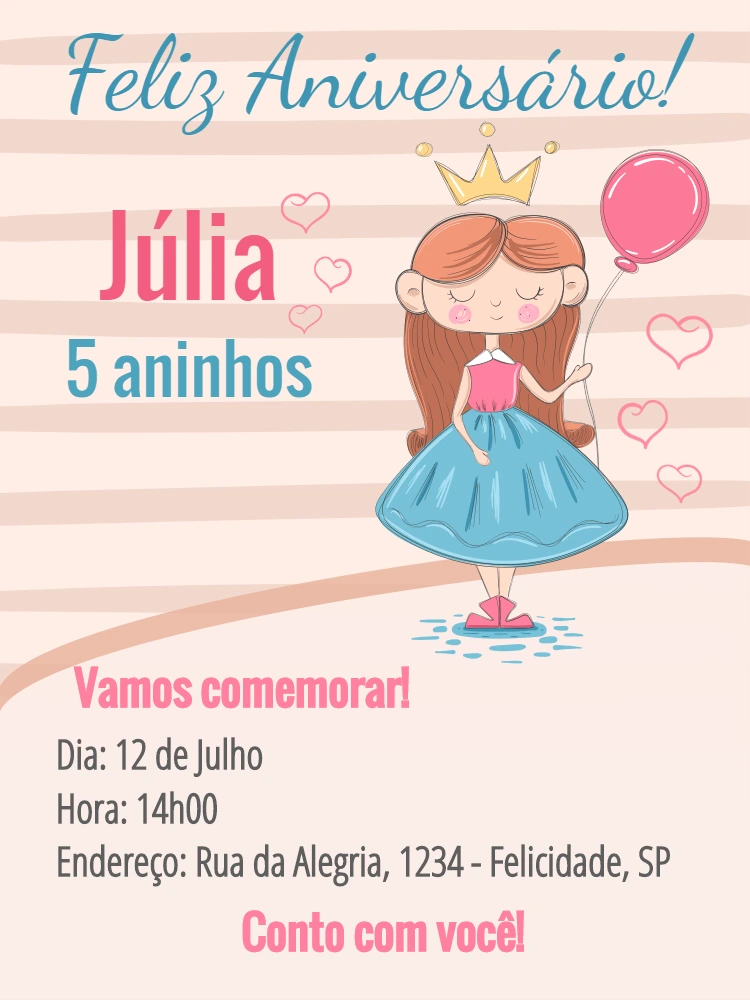 Convite de Aniversário Princesa para Editar Online