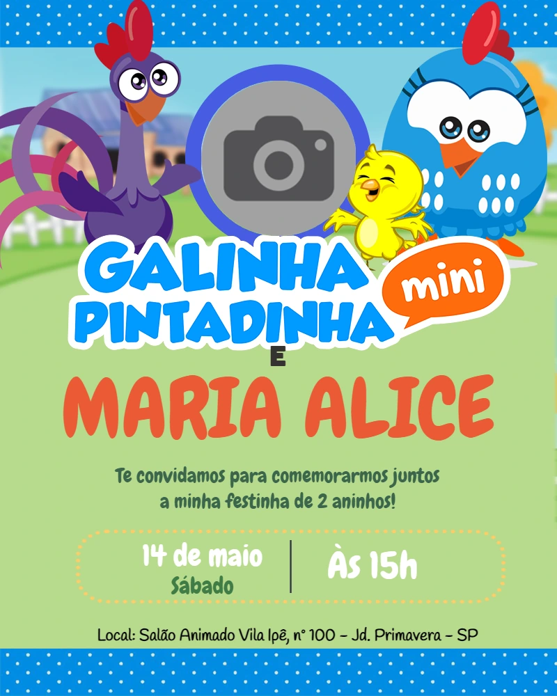 Convite Aniversário Galinha Pintadinha Mini com Foto para Editar