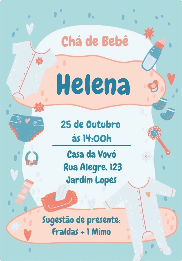 Convite Chá de Bebê com Ilustrações Fofas para Editar Online