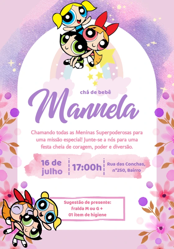 Convite Chá de Bebê Meninas Superpoderosas para Editar Online