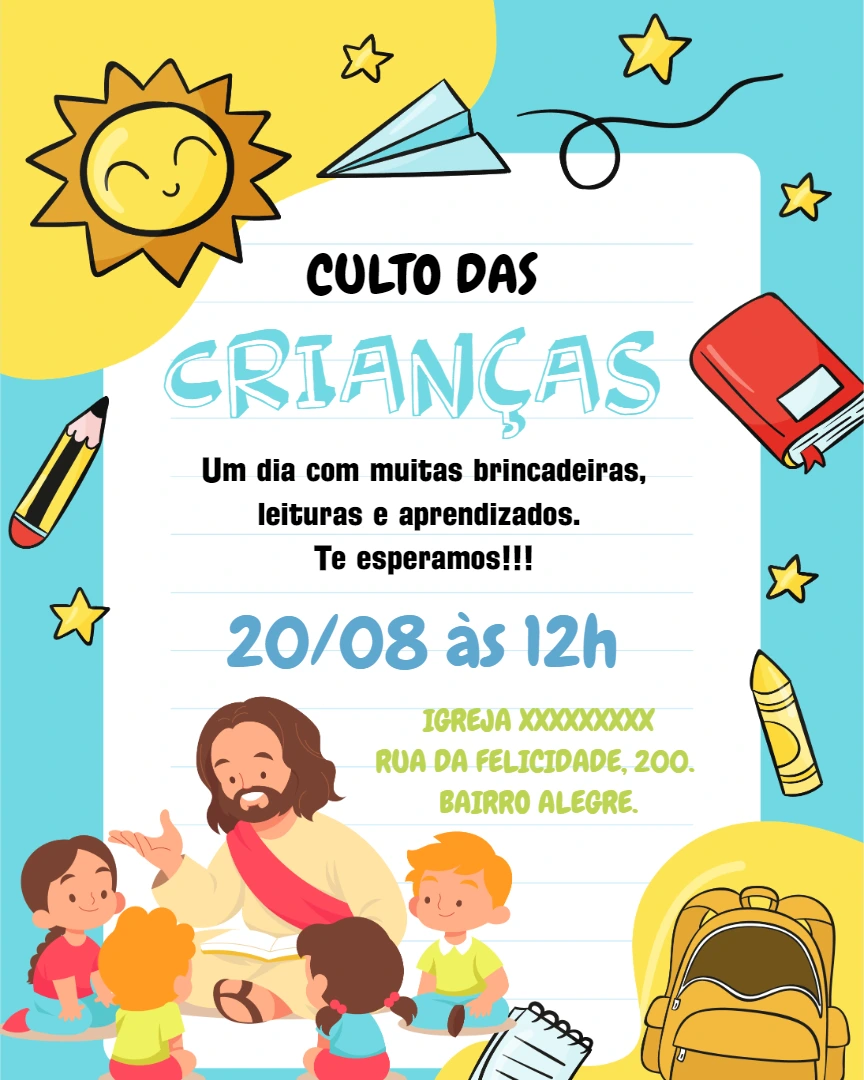 Convite para Culto das Crianças Ilustrado para Editar Online