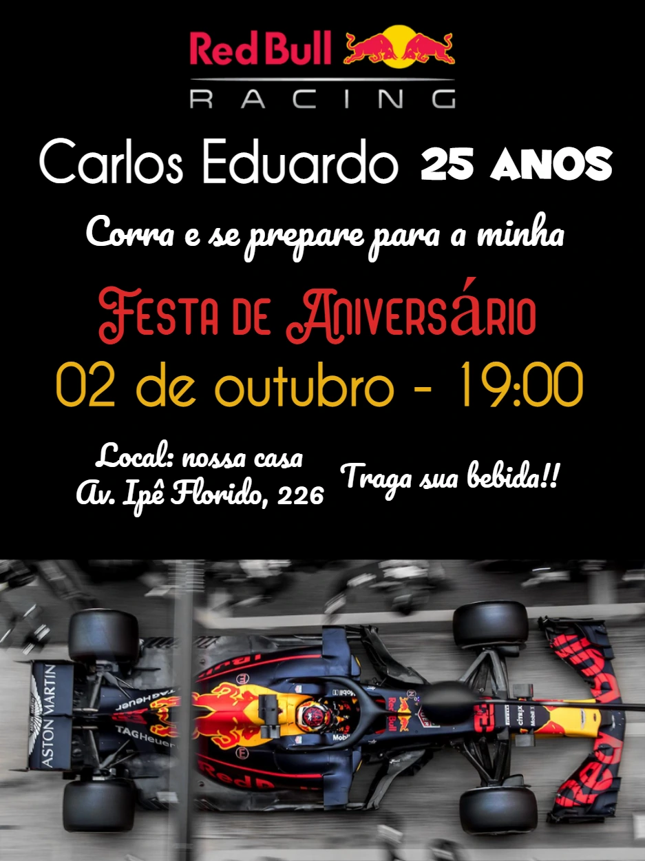 Convite de Aniversário Fórmula 1 para Editar e Enviar Online
