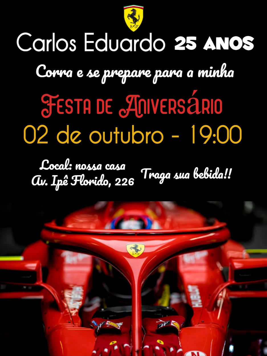 Convite Aniversário Ferrari Fórmula 1 para Editar Online