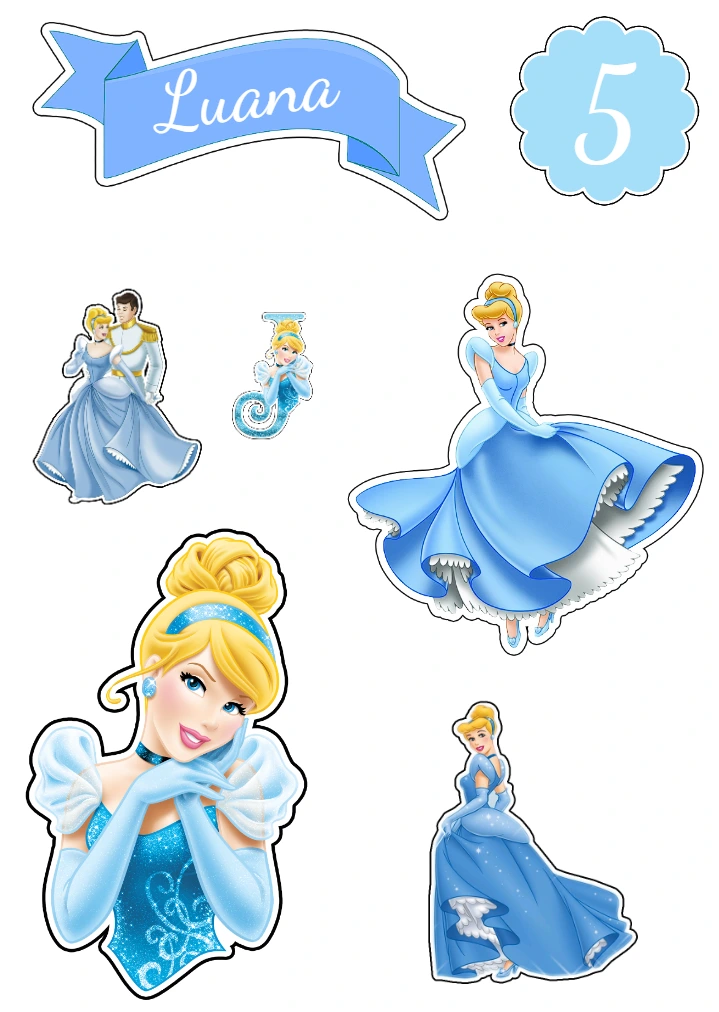 Topo de Bolo Cinderella Editável com Personagens para Imprimir