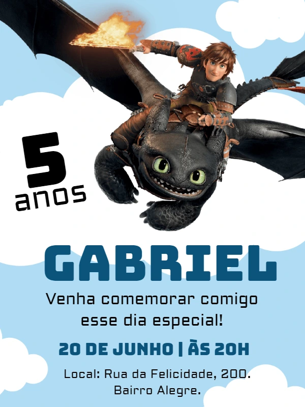 Convite Aniversário Como Treinar Seu Dragão Editável Online