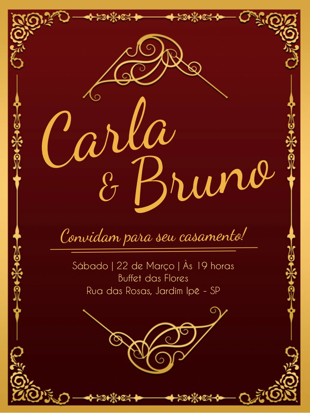 Convite de Casamento Arabescos Dourados para Editar Online