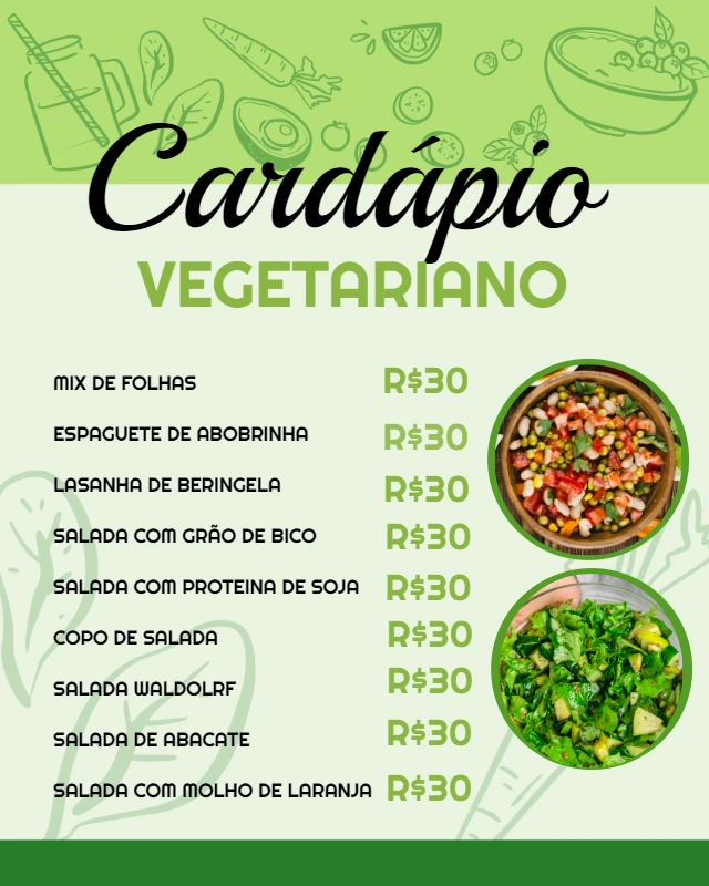 Cardápio Vegetariano com Ilustrações para Editar Online