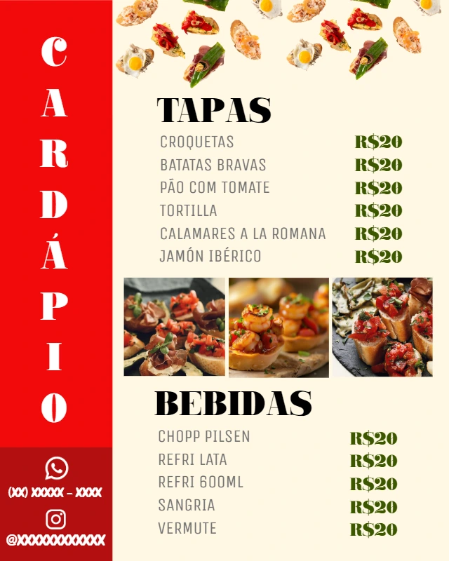 Cardápio de Tapas e Petiscos Editável para Restaurante