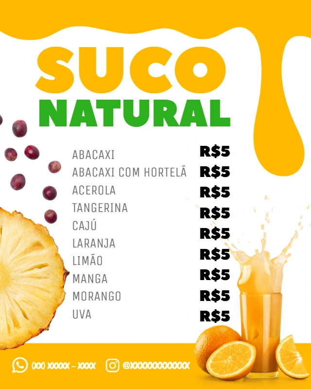 Cardápio de Suco Natural com Frutas para Editar Online