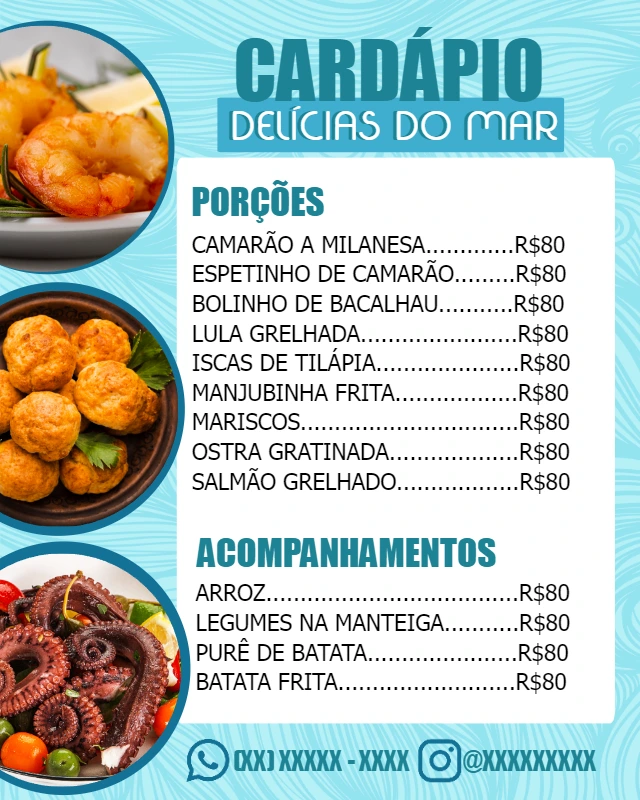 Cardápio de Frutos do Mar Editável Online para Restaurante