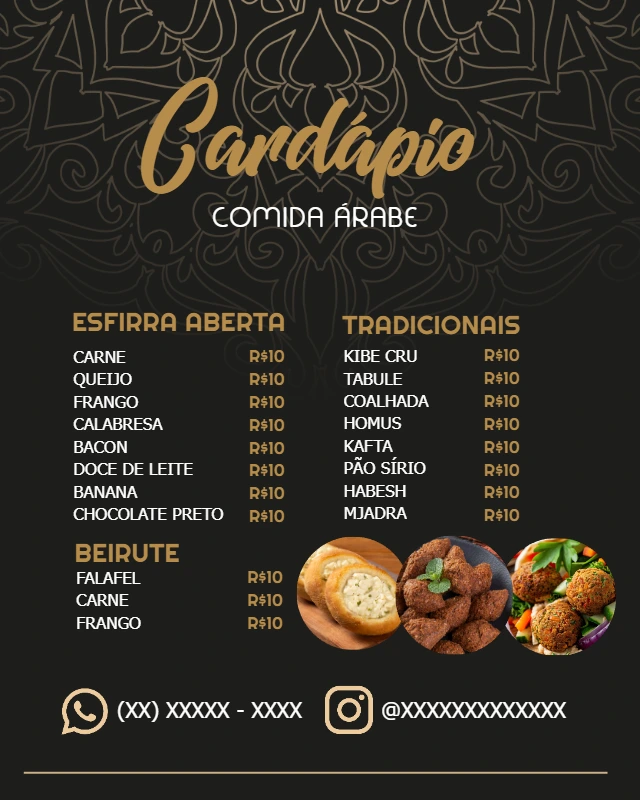 Cardápio de Comida Árabe Elegante para Editar Online