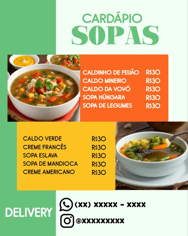 Cardápio de Sopas e Caldos com Fotos para Editar Online