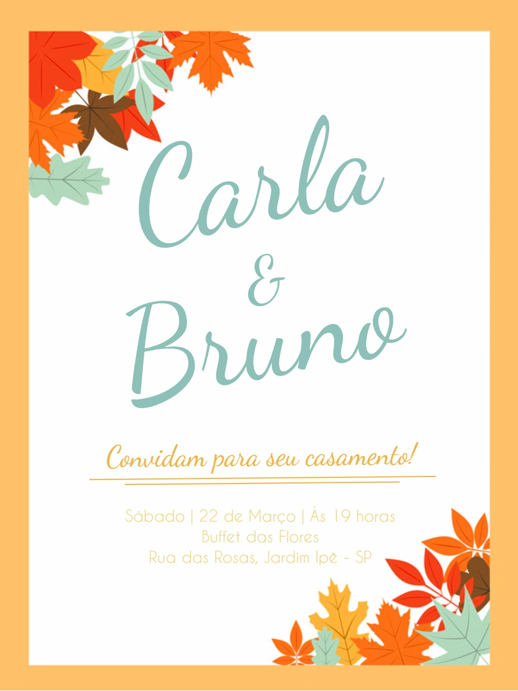 Convite de Casamento Outono com Folhas Coloridas para Editar