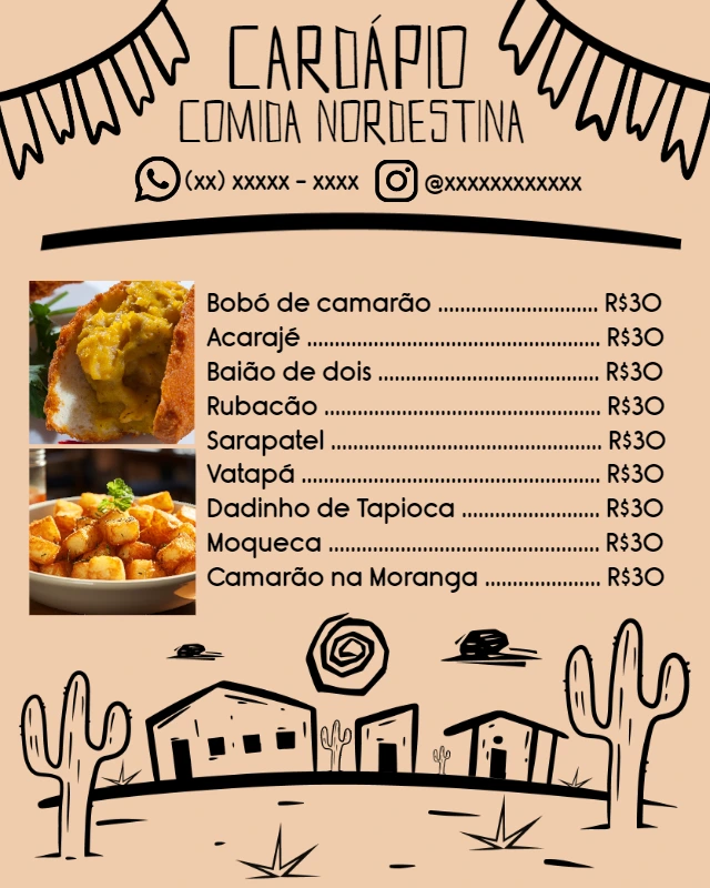 Cardápio de Comida Nordestina Ilustrado para Editar Online