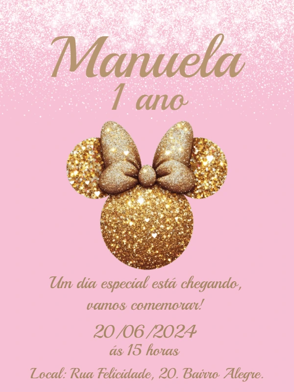 Convite Aniversário Minnie Rosa e Dourado para Editar Online