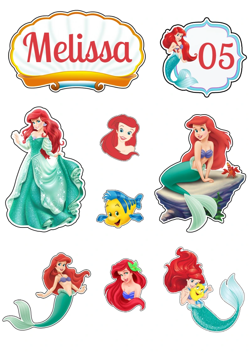 Topo de Bolo A Pequena Sereia Editável para Imprimir