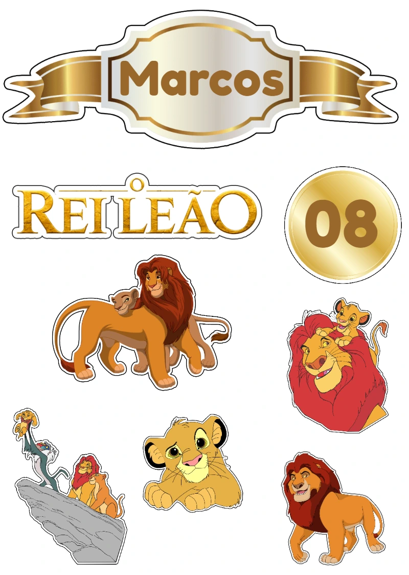 Topo de Bolo Rei Leão com Personagens para Editar e Imprimir