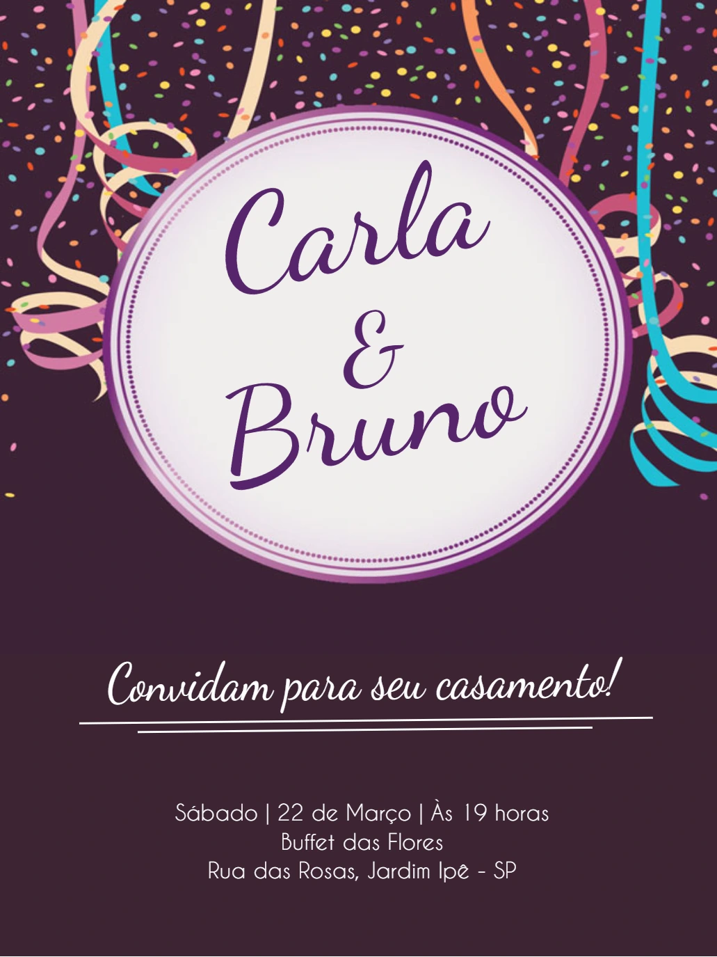 Convite de Casamento Carnaval com Confetes para Editar Online