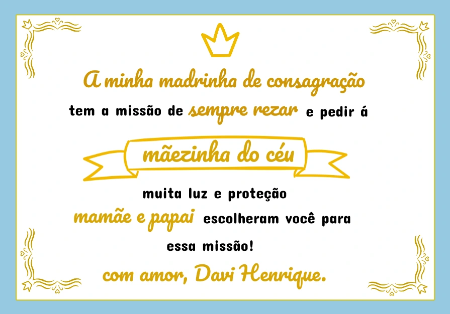 Convite Padrinhos de Consagração com Coroa para Editar Online