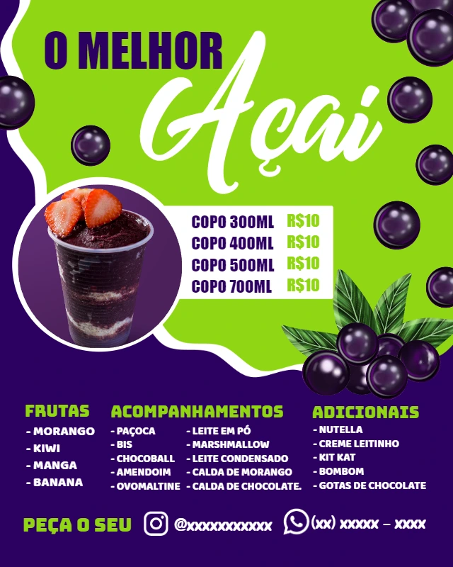Cardápio de Açaí Moderno para Editar Online e Divulgar