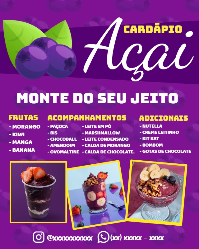 Cardápio de Açaí Roxo Moderno para Editar Online