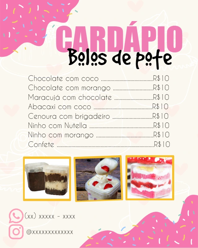 Cardápio de Bolo de Pote Rosa para Editar Online