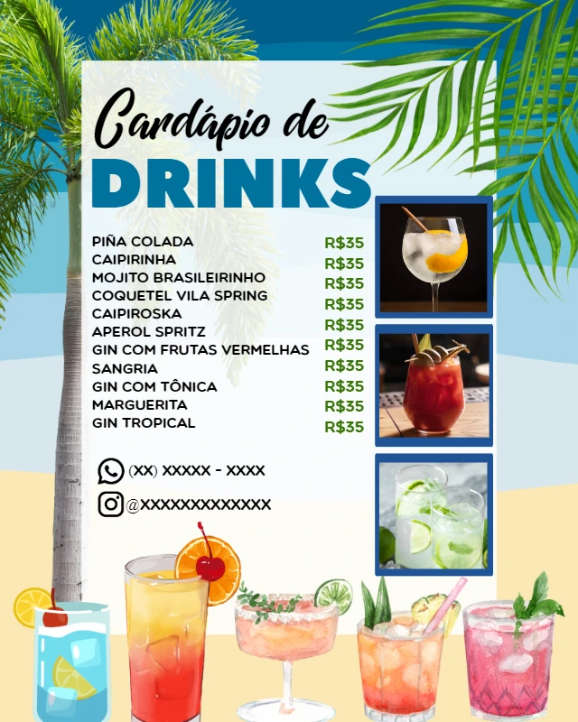 Cardápio de Drinks Tropical Editável para Imprimir
