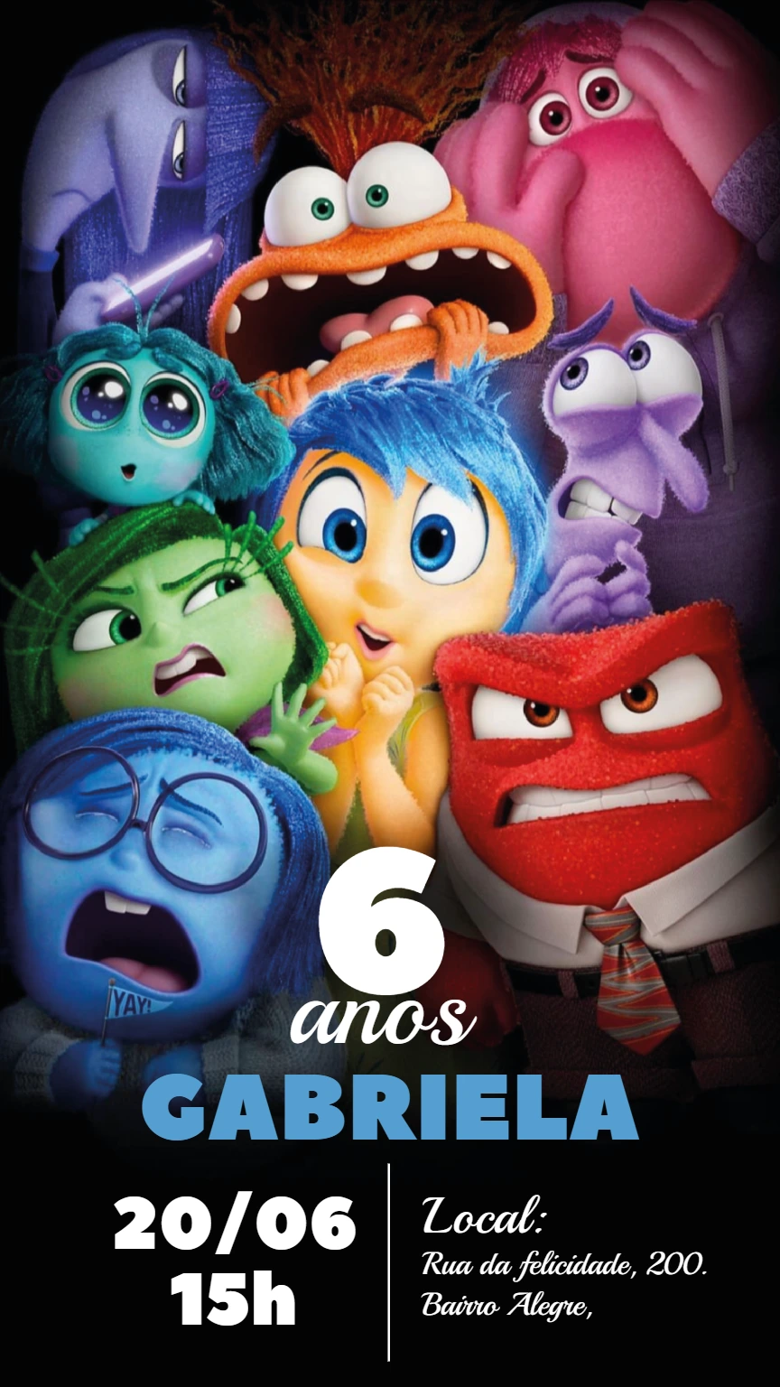 Convite Aniversário Divertida Mente 2 com Personagens para Editar