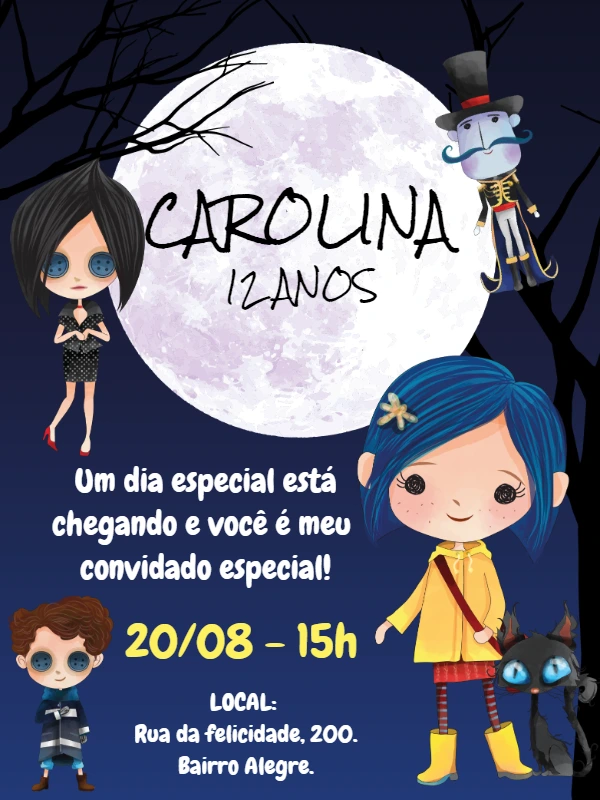 Convite de Aniversário Coraline Misterioso para Editar Online