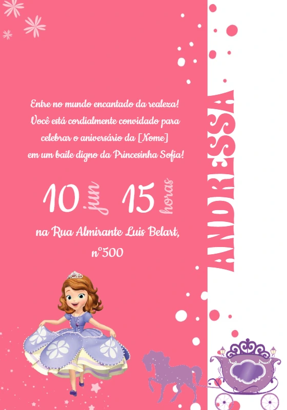 Convite de Aniversário Princesinha Sofia Editável Online