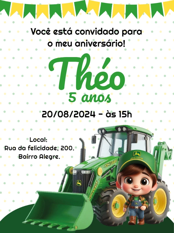 Convite de Aniversário Trator Verde para Editar Online