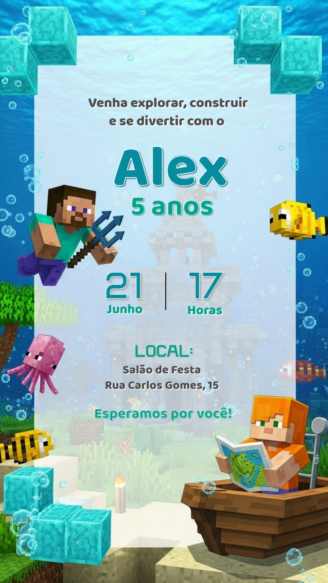 Convite de Aniversário Minecraft Fundo do Mar para Editar