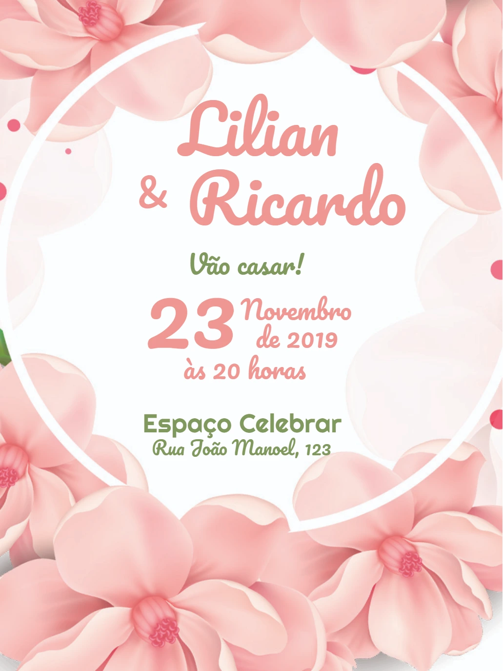 Convite de Casamento com Flores Rosas para Editar Online