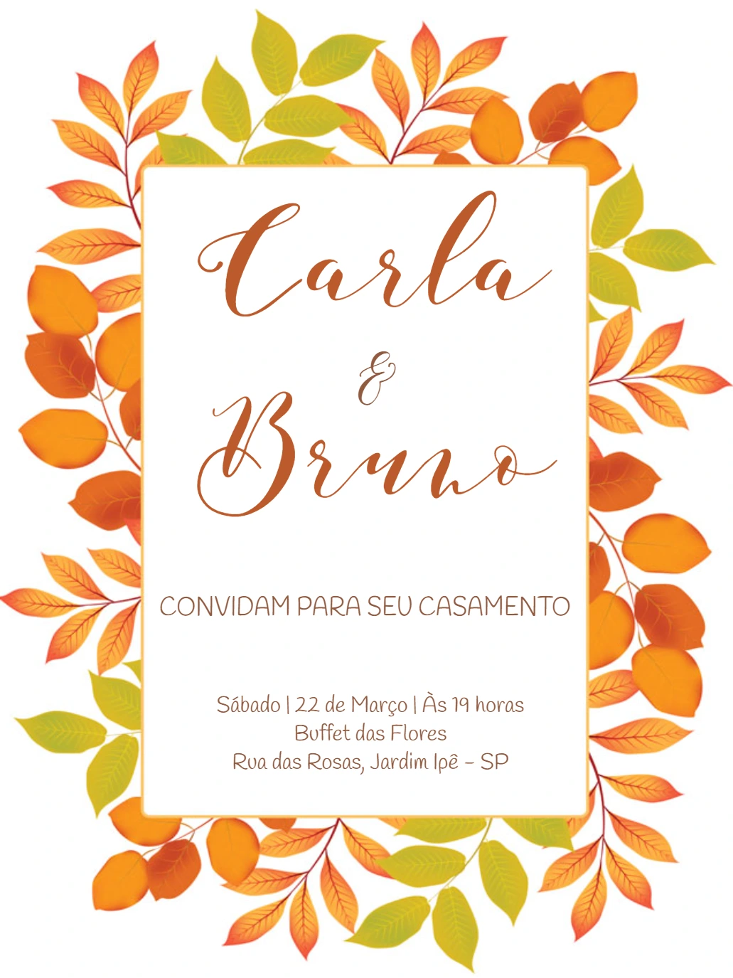 Convite de Casamento Outono com Folhas para Editar Online